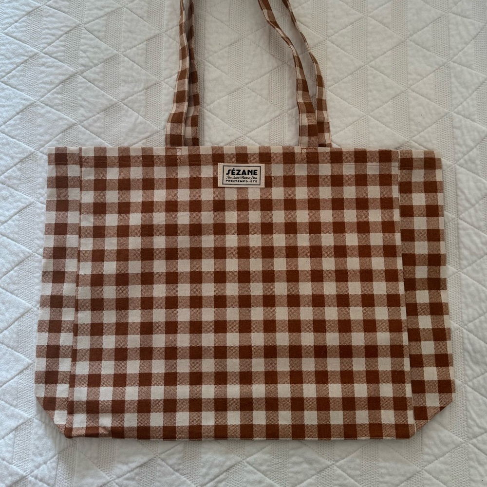 Sezane Caramel Brown Gingham Checkered Tote Bag